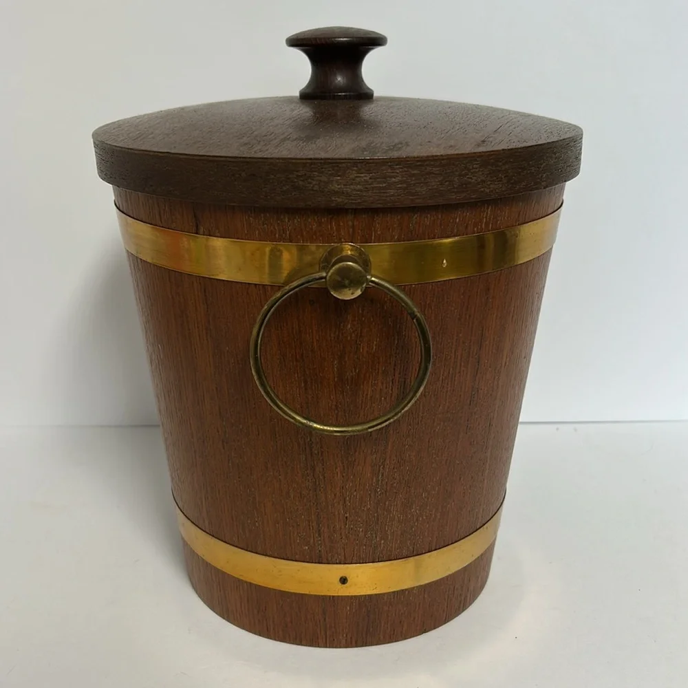 Vintage MCM 60s 70s Teak Wood Brass Belted Lidded Ice Bucket With 2 Ice Tongs